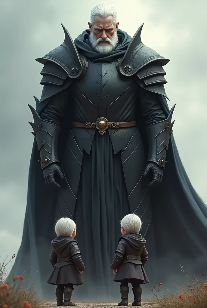 A large white-haired man with black armor, below the children, 2 twin children 5 years old looking at the