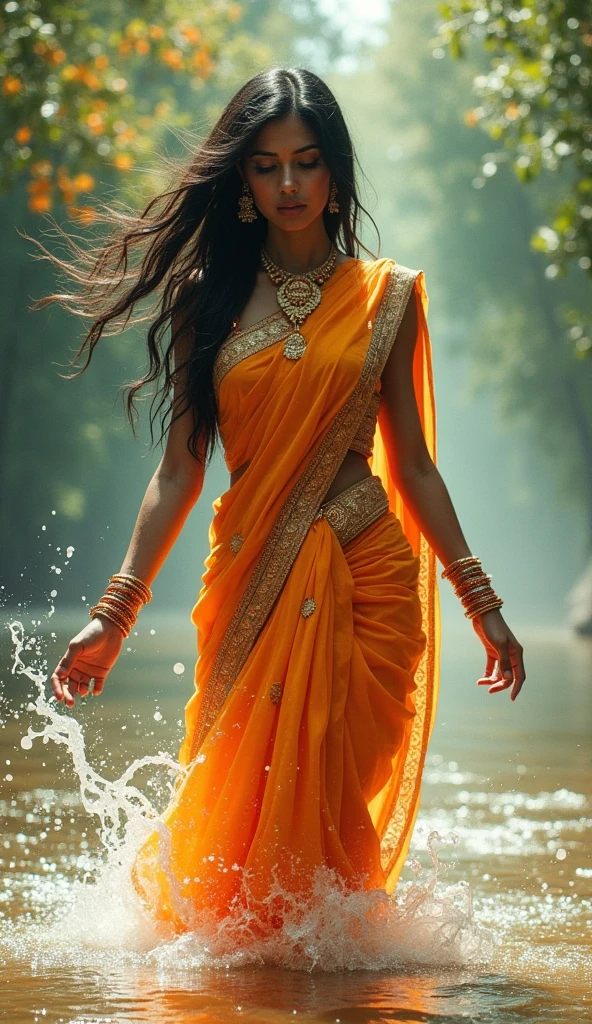 70s setting, grainy analog film, ultra-detailed, masterpiece, abstract art, glamour artwork, conceptual art, indian woman, playing in river, jeans, abstract, ogange white green, void, vivid, detailed sari