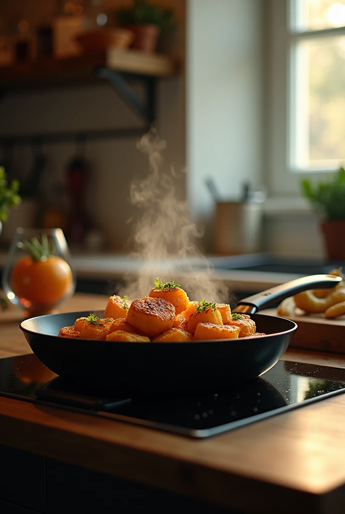 masterpiece, Best Quality, Cinematic photo of a table over a frying pan., food, kitchen scene, high quality, bokeh aperture, e-commerce, Photographyy light and shadow, commercial Photographyy, Photography, movie, High resolution