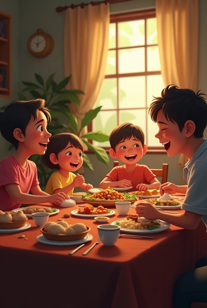 Filipino family gathering. The whole family sitting at the dining table sharing stories and smiling. All having a good time.