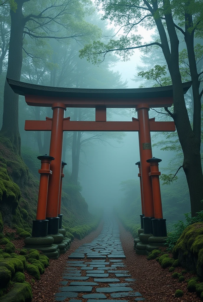 Typography sign standing at the entrance of the forest、"Be careful because of the mystical fog ahead.！"と書かれたTypography 看板、Sign at the entrance of a deep forest、"Misty Forest"、Mysterious Forest、Typography sign that reads "Forest where gods dwell"、"Mountain where Japanese gods dwell"、Big red torii gate、