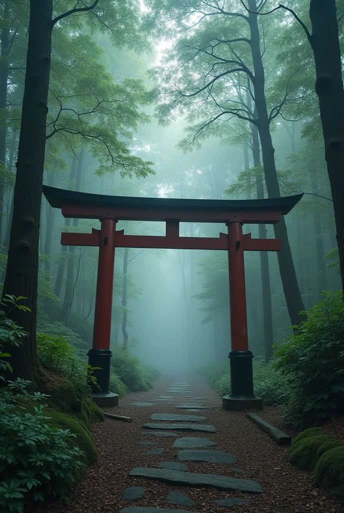Typography sign standing at the entrance of the forest、"Be careful because of the mystical fog ahead.!"と書かれたTypography 看板、Sign at the entrance of a deep forest、"Misty Forest"、Mysterious Forest、Typography sign that reads "Forest where gods dwell"、"Mountain where Japanese gods dwell"、Big red torii gate、