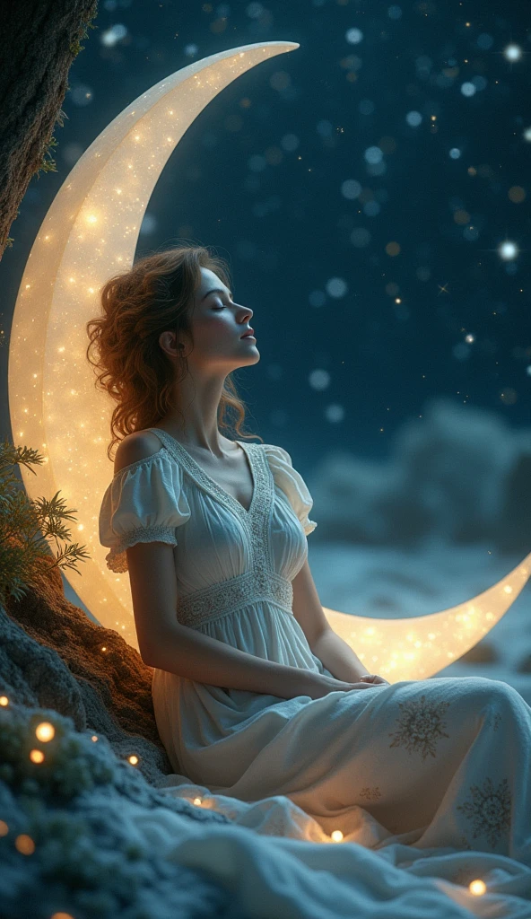 This image shows a woman resting against a crescent moon, set against a backdrop of a starry night sky. She appears to be asleep or in a peaceful, reflective state. The scene is illuminated by the glowing moon, casting a warm, gentle light on her and the surrounding area. Her dress is adorned with intricate patterns, enhancing the ethereal and magical ambiance. The image is filled with tiny, sparkling lights, adding to the sense of wonder and fantasy.