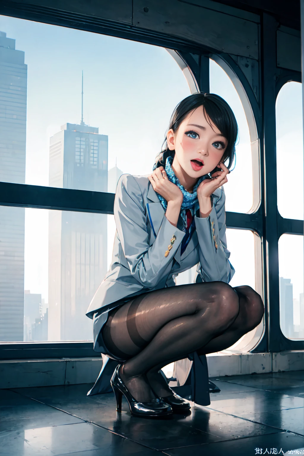 One person,masterpiece,最high quality,(8k, 最high quality, masterpiece:1.2), (Very detailed:1.2), 超high quality, high quality, Beautiful sparkle,Reflection,(nsfw:1.1),1girl,(from front,front face:1.3),(squatting,spread legs:1.3),(Detailed beautiful eyes,looking at viewer,makeup:1.3),(embarrassed,blush:1.3),(open mouth,oral invitation,long tongue, tongue out:1.2),(perfect nipple,extremely detailed nipple,round areola,extremely detailed pussy:1.2),(peeing,pubic hair,:1.3),Stewardess uniform,flight attendant suit,collared shirt,(pussy cut black pantyhose:1.3),(pussy cut blue panty:1.5),(high heels,name tag,scarf:1.3),(Place both hands on pussy:1.5), On the bed,Huge modern windows with city skyline in the background,