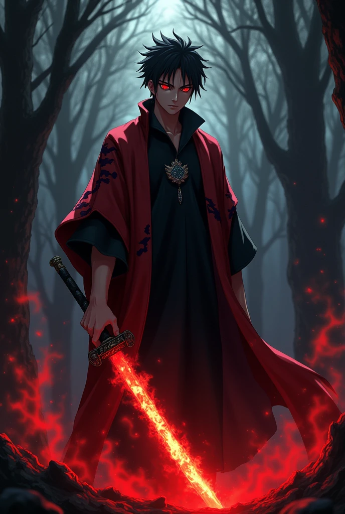 I want you to draw the rapper Canserbero, dressed in an Akatsuki robe from the anime Naruto. I want his face to be seen and he has the Mangekyo sharingan in his eyes, (the Sharingan is from the anime Naruto). for the background I want a dark forest, so that the red eyes of the sharingan stand out more . I want him to be seen walking holding Tanjiro's katana from the anime Demon Slayer, and the sword is on fire.
I don&#39;t want him to wear chains around his neck..


