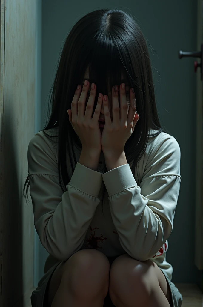 A 14 year old girl who has covered her face completely with her hands and has blood stains on her clothes