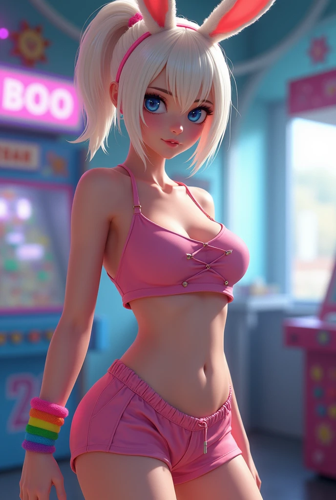 female, anthropomorphic rabbit, white fur, blue eyes, solo, blonde hair, ponytail, straight bangs, blue eyes, short, curvy body, flat chest, pink croptop, shorts, rainbow thigh high, indoors, arcade, highly detailed, realistic,buceta molhada, nua, arregao