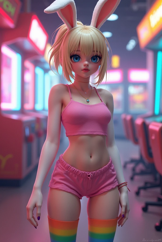 female, anthropomorphic rabbit, white fur, blue eyes, solo, blonde hair, ponytail, straight bangs, blue eyes, short, curvy body, flat chest, pink croptop, shorts, rainbow thigh high, indoors, arcade, highly detailed, realistic,buceta molhada, nua, arregao