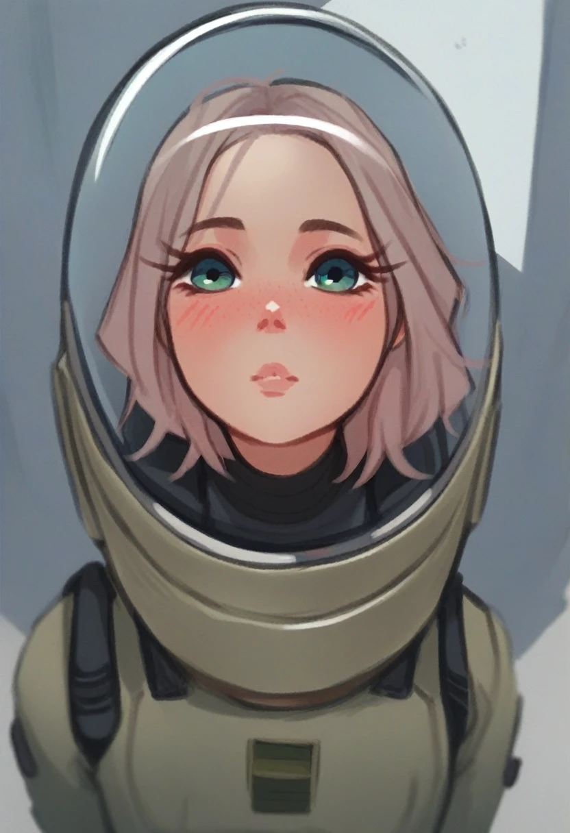 score_9, score_8_above, score_7_above, Sayer, 1 girl, Alone, portrait, cute blushing girl, Beautiful, fair , Wearing a military and astronaut suit, neckline , (0.3),