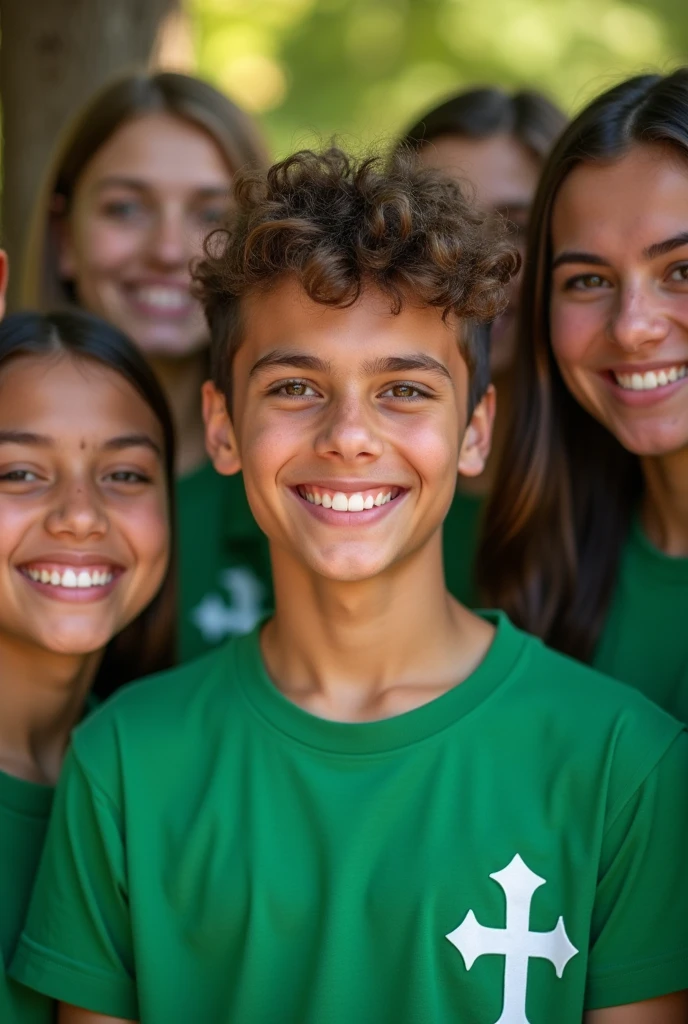 ung catholic person,group of catholic people,positioned for photo,wearing green shirts with JMC logo,detailed faces,classic portraiture,natural lighting,high resolution,photorealistic,vibrant colors,seamless composition,beautiful detailed eyes,beautiful detailed lips,extremely detailed faces,long eyelashes,warm color tones,soft shadows,well-lit,professional photography,masterpiece