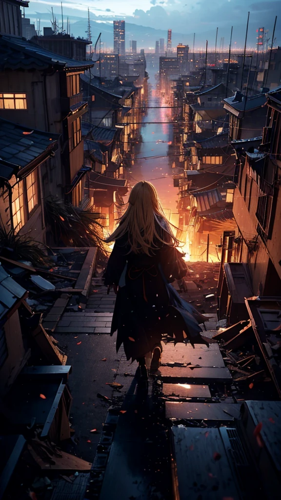 １people々々々々々,Blonde long-haired woman，Long coat， Dress Silhouette， Rear View， Anime Style, The rubble-strewn city as seen from the rooftop，Countless missiles covering the sky，