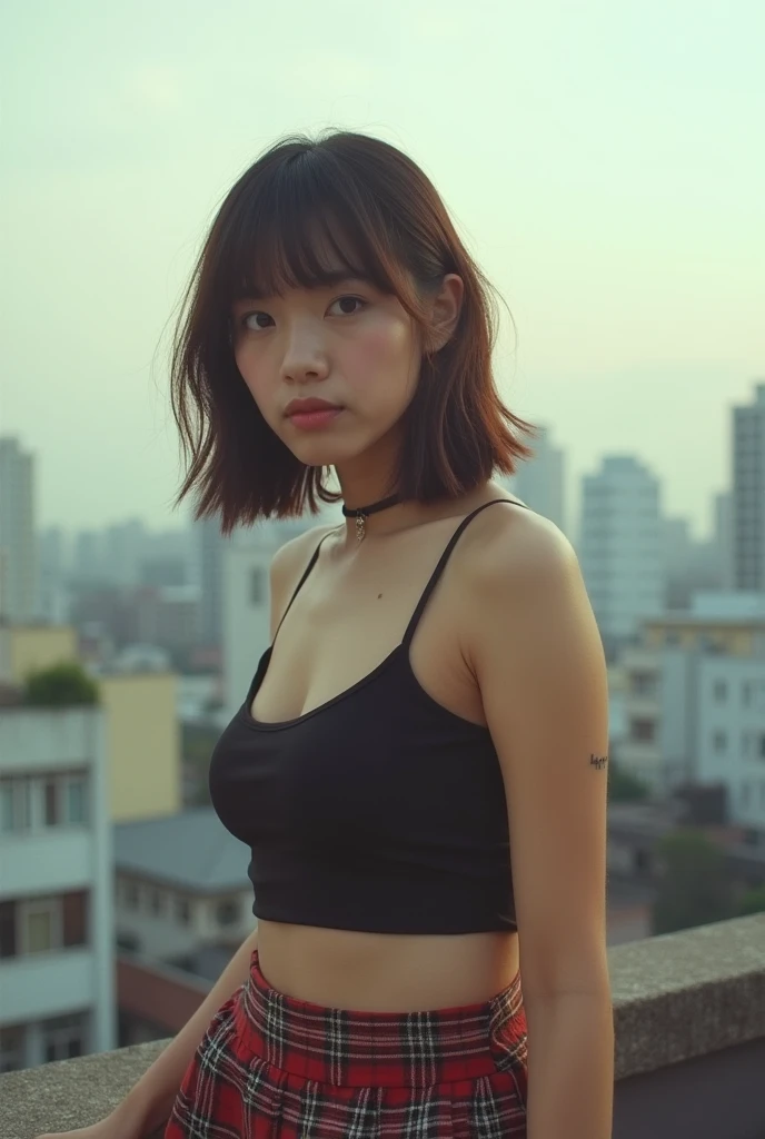 analog film photo, photo of an adolescent punk, female, amber eyes, layered emo bob cut, tan complexion, Japanese ethnicity, tall stature, voluptuous hourglass figure, busty bosom, full wide hips, plump round buttocks, wearing a crop top and a plaid skirt, posing on a Tokyo rooftop, RAW Photograph, dslr, soft lighting, high quality, film grain, Fujifilm XT3, detailed skin with visible pores, insane details, masterpiece, 8k, 35mm photograph, dslr, kodachrome, faded film, desaturated, grainy, vintage, Lomography, stained, highly detailed, found footage, close-up shot