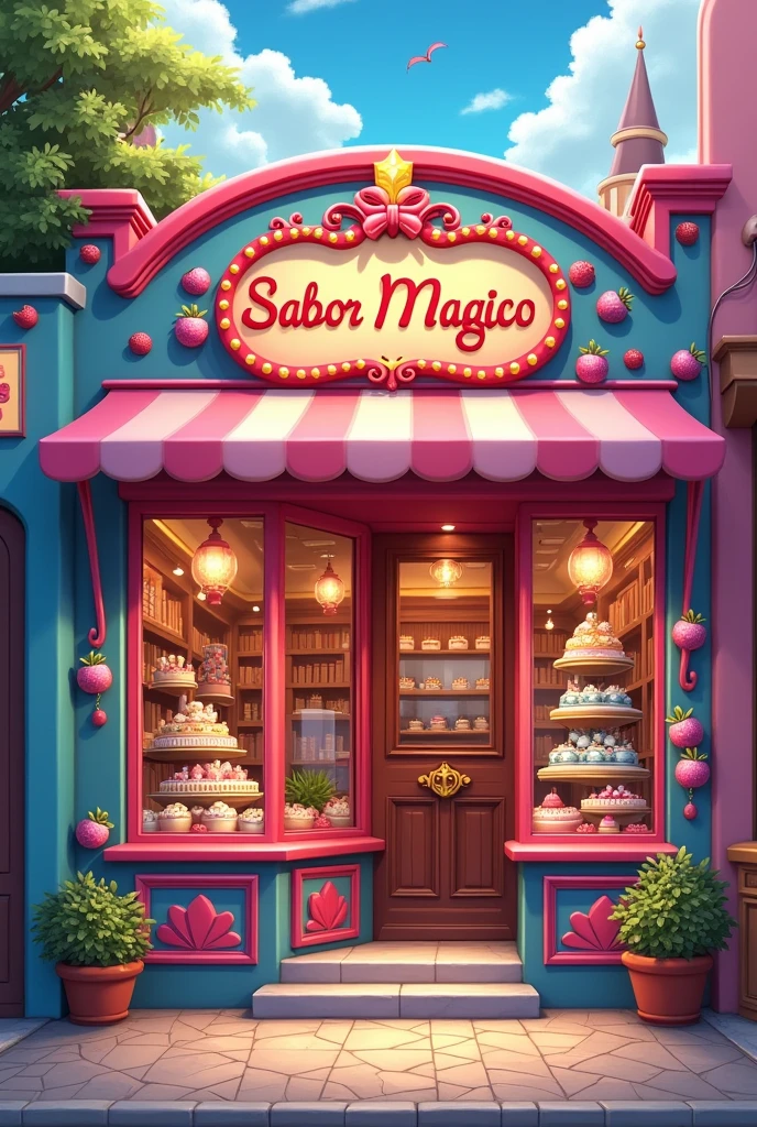 make a front of a large candy store with the name Sabor Magico with the window displaying cakes, cupcake, Cakes and other types of desserts with tables outside with customers
