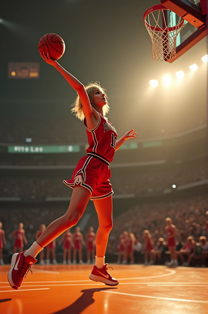 Taylor Swift qui porte un maillot de basket numéro 10 et qui met un shoot à 3 points dans un panier doré et brillant