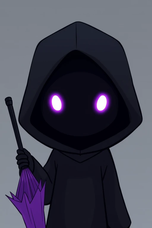 ((best qualityer)), ((work of art)), (detailded), 1 girl, ombro to ombro sweater, Imagine a cartoon-style character, with a simple humanoid form, completely black, without facial details except for the eyes. These eyes are bright in a deep purple tone. They wear a hood that covers most of their head. The character has no mouth, which enhances their enigmatic aura. The figure conveys a sense of mystery and power, similar to the enigmatic atmosphere of Bill Cipher, but with a unique and distinct look. He also has a purple umbrella.. 