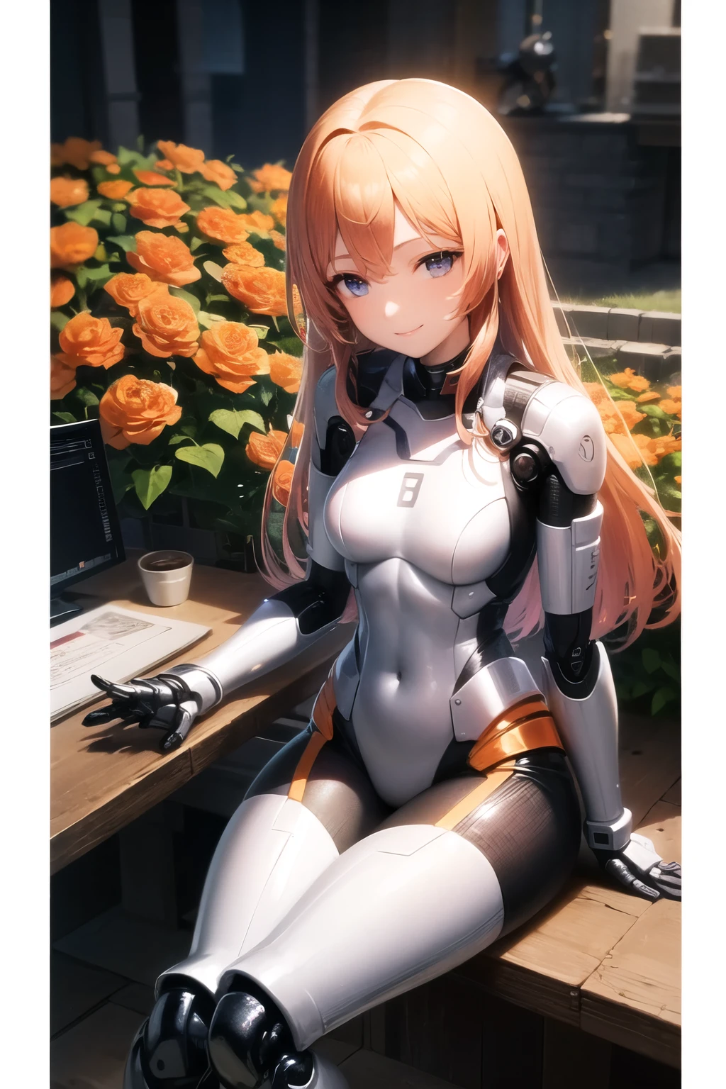 (masterpiece:1,2), Best quality, a high resolution, original, extremely detailed wallpaper, I look at the viewer, (sitting:1.4), There is a robotic girl in the center., (orange flowers:1.4), 1humanoid cyborg girl, happy, smile, (Mechanical arm:1.05), [[cyborg]], metal mixture, drawing, brush, (luminous_eyes:0.95), (Separate sleeves), silver long_hair, hair_between_eyes, Sigma lens 135 mm., (cowboy shot:1.2), upper body, perfect lighting, (extremely detailed computer graphics:1.2), 8 K, (commemorative photo:1.4)