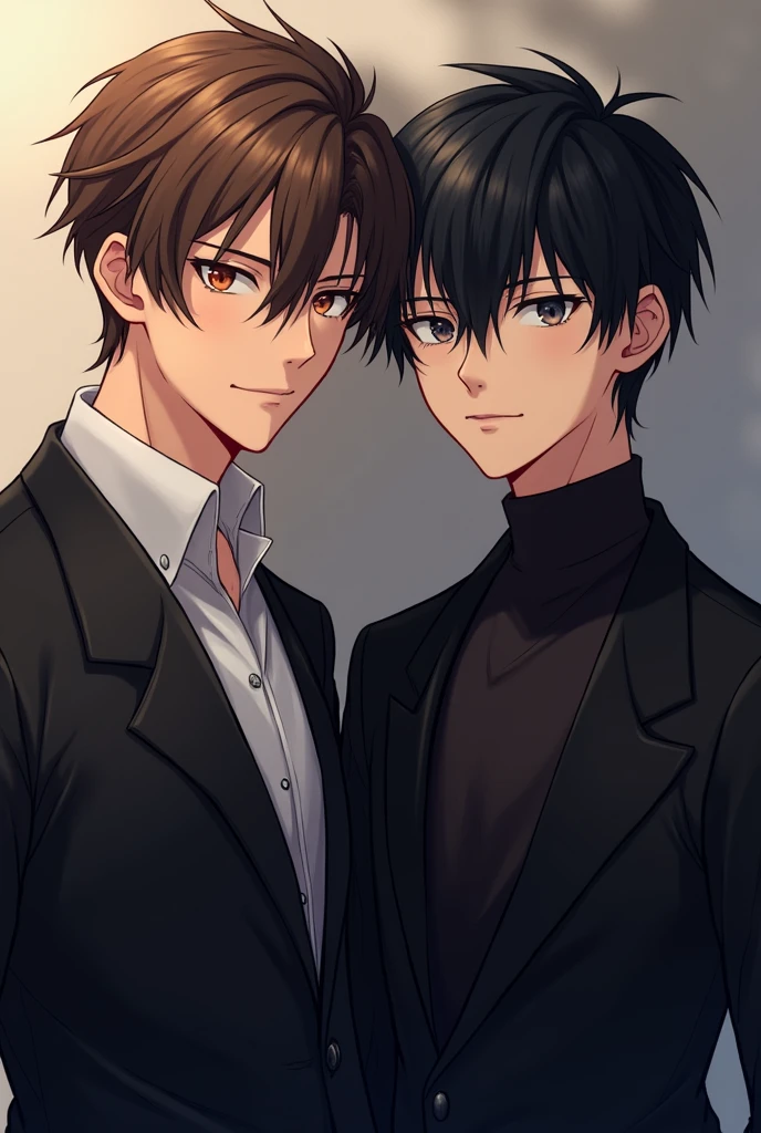 (anime) Two handsome men, one of two has brown hair hair gel and a cold expression, the other had black hair and an indifferent expression. The blond one was taller than the black one., these two are taking a portrait together.
