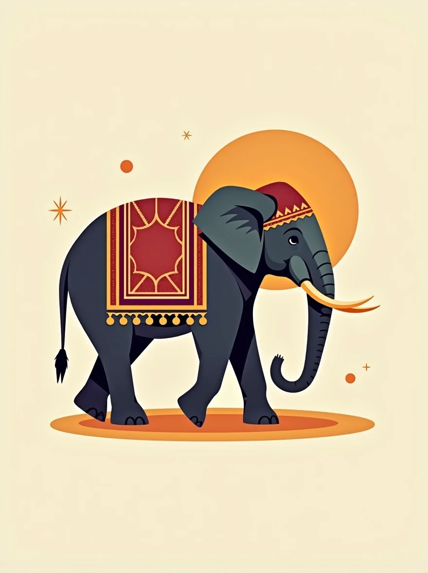 abstract vector image of an indian ethnic style elephant, side profile, colourful, minimal elephant, royal indian style, to be used in a logo