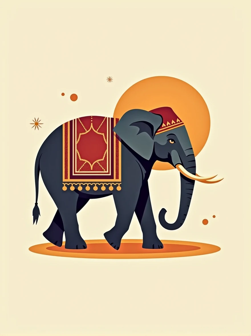 abstract vector image of an indian ethnic style elephant, side profile, colourful, minimal elephant, royal indian style, to be used in a logo