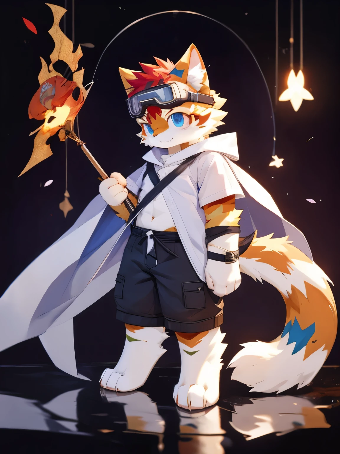 nj5furry，kemono，full-length portrait，anthro，hi res，male，Red hair，Orange cat，Goggles，bandage，White cape，strong，Fluffy hair，Plush paw，A tail，Delicate eyes，Detailed eyes