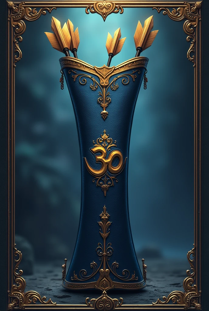 Epic quiver and few (4-6)arrows inside it. Quiver should be long and dark blue in color. It should be engraved with "Om" in golden. The background should be epic, like for a legendary playing card with borders