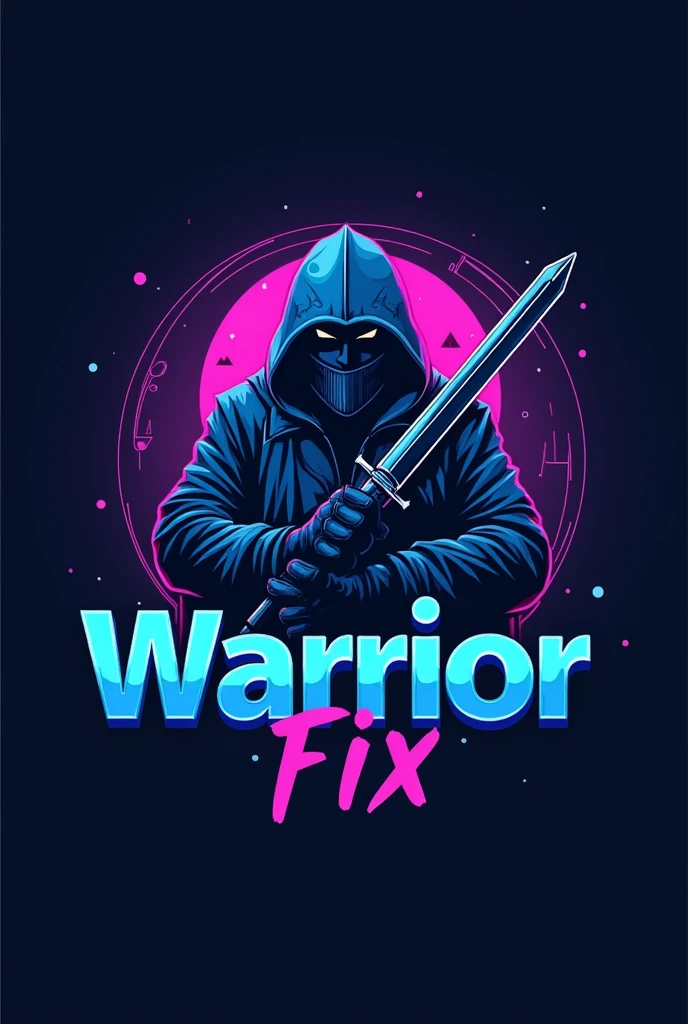 Design a logo for a Bitcoin machine technician that resembles the Whatsminer logo but with the name Warrior fix in a blue and purple palette.