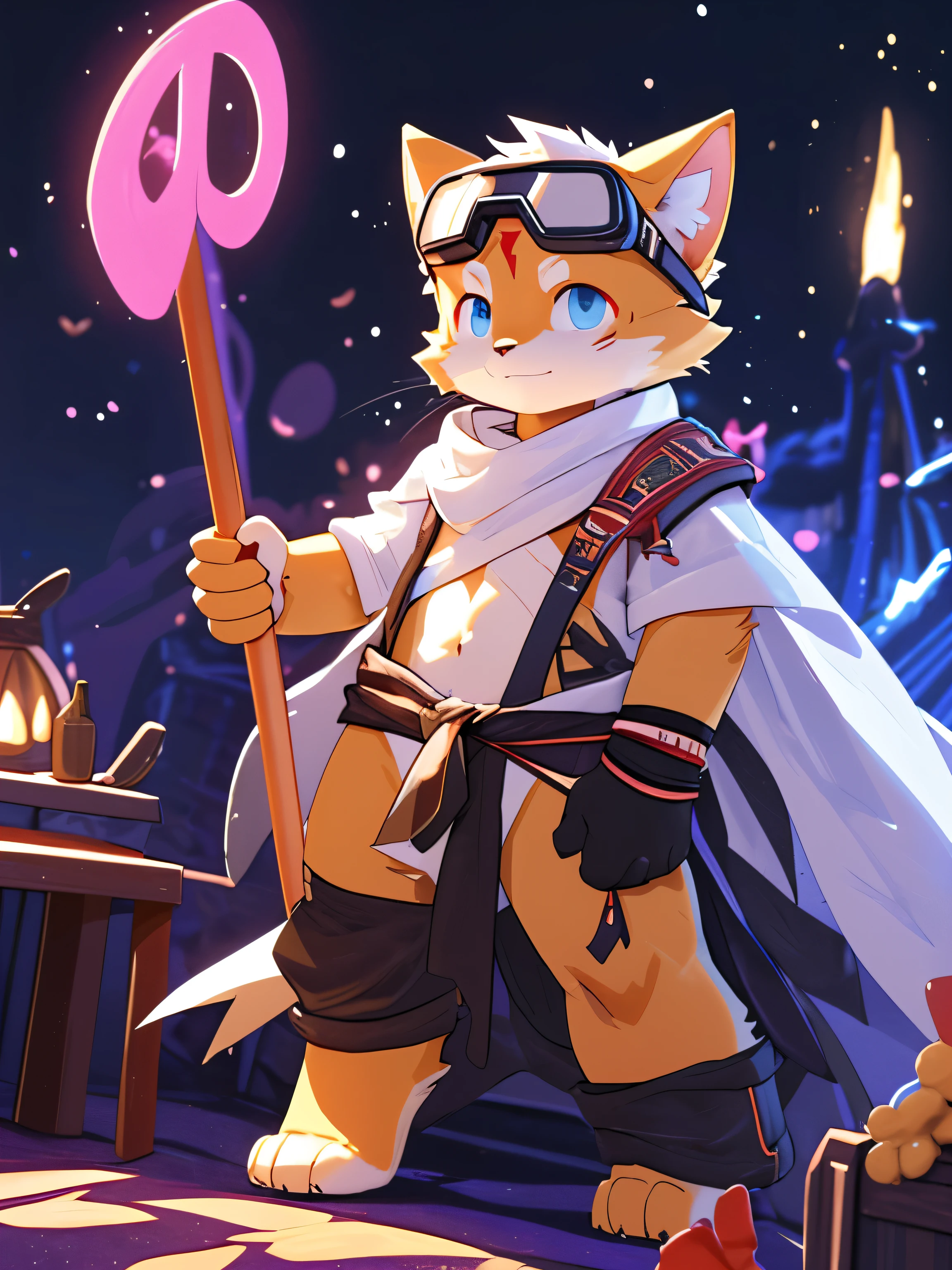 nj5furry,kemono,full-length portrait,anthro,hi res,male,Red hair,Orange cat,Goggles,Wristband,White cape,strong,Fluffy hair,Plush paw,A tail,Delicate eyes,Detailed eyes