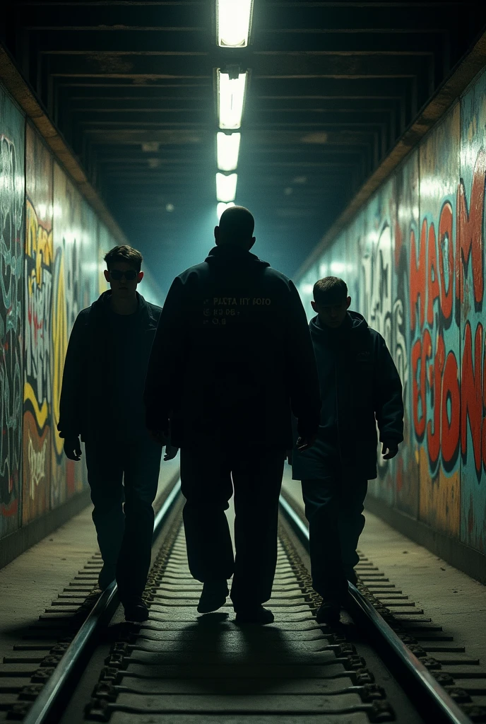 Dark subway tracks, 90s years with graffiti that says MAD RED and Última Estación, 3 men walking, that their faces are not seen, one of them must weigh over 120 kilos, that says MAD RED on some wall