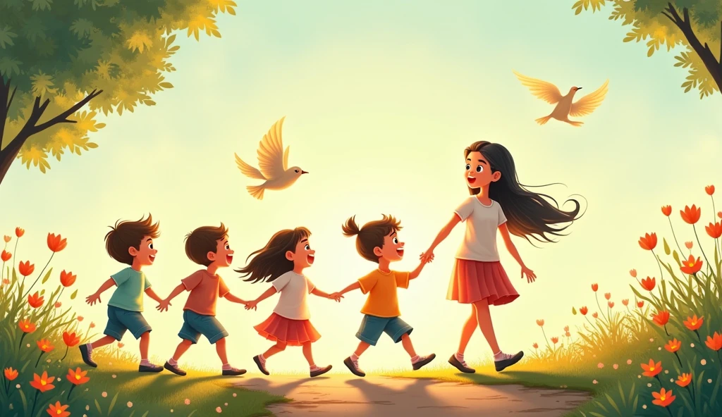 The group kids and teacher starts walking along a path lined with flowers and singing birds. As they take each step, they count together:

Two!" – Two birds fly above, chirping in harmony.


