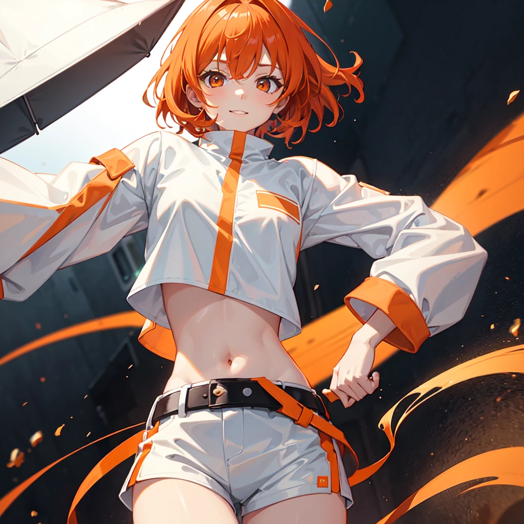 1 girl. short dark orange twin ponytailed hair, orange smiling eyes, wearing white long sleeve crop top, color green shorts and white belt, white high boots, playing in the rain, high res, ultrasharp, 8k, masterpiece