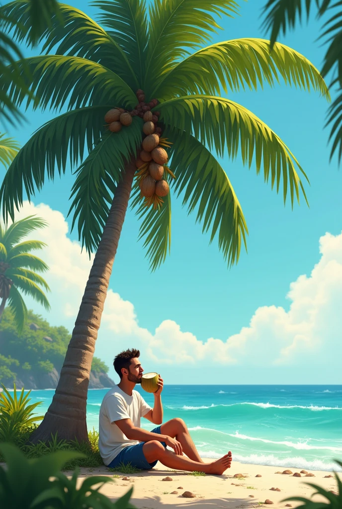 A coconut palm tree and a man drinking coconut water