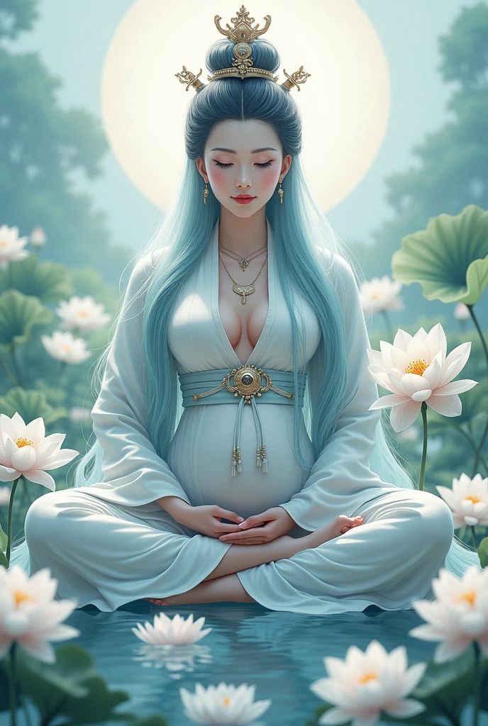1girl, standing, hatsunemiku, light blue eyes, light blue hair, twintails, big breasts, thick_thighs, black thighhighs, NTRGAO, Guanyin sitting lotus,(Guanyin Bodhisattva),Pudu sentient beings, The embodiment of grief,Buddhist deities,1 milf,(Pregnant mom),Nankai Dojo,White silk robe,white legwear,white ribbons,White veil,pale white face,Long dark hair,Black pupils,Meditate cross-legged,((super gigantic breasts)), mothers,((Minimalist style,White lotus background)),Buddhist disciples,Rescue the suffering,infinitely merciful,Pudu sentient beings,Extremely solemn ,Listen to the faithful in the temple,Golden pupils,White skin of the,Meditate cross-legged,Lotus Terrace,Nothing to want,Create an atmosphere of holiness,Large photophase,Panlong bun,The mana is boundless,Ancient Chinese aristocracy, beautifullegs,Gorgeous ancient Buddhist ornaments,(Many exquisite white lotus ornaments),Perfect flesh full of texture, , Scorching rendering, jaw dropping, Captivating visual treat,((best qualtiy)), ((tmasterpiece)),MAXIMUM DEFINITION、Many-Layer Textures ,ultra-detailliert, illustratio,(Super detailed face),(s the perfect face), Clear texture, finely detailed textures, Ultra HD detail display, Excellent image performance,High-quality illustrations,Perfect fit and harmonious tones,Deep lines,Precise brushstrokes,Strong sense of three-dimensionality,Delicate wearing feeling,Wonderful color scheme,intricately details
