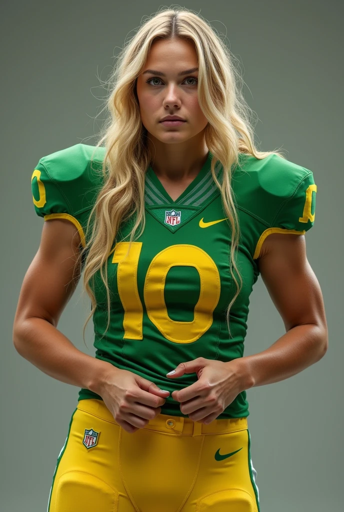 A photo of Morgan Archer, a quarterback for the female Oregon Ducks football team. Number 10. (colossal butt:1.5) blonde hair