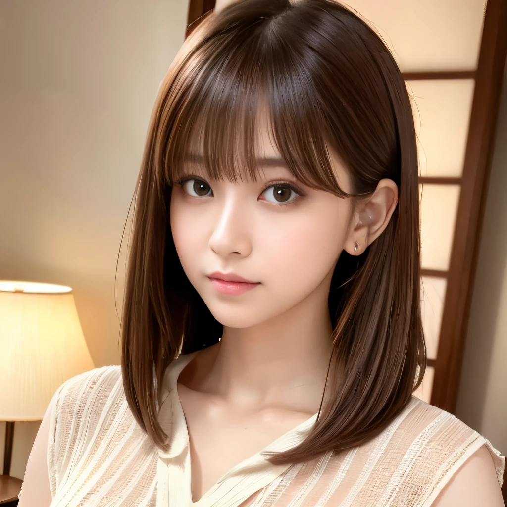 Ultra-high resolution, Superior Quality, Highest quality, Super detailed, Realistic, 8k, RAW Photos, Highest quality, masterpiece, attractive, wonderful, Brown Hair, Shoulder-length layered, Asymmetrical bangs, Japanese Idols, Sophisticated, stylish, blouse,