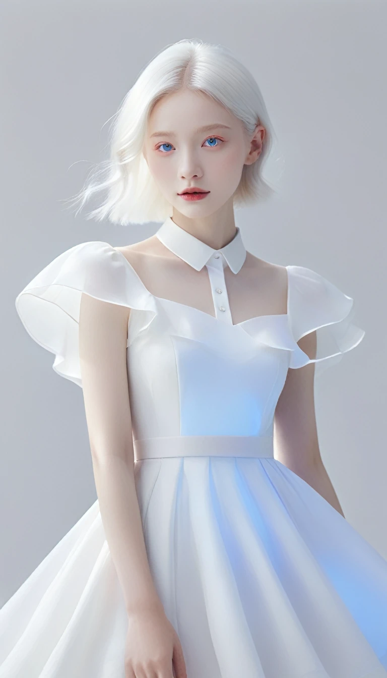 (((White background:1.3)))、(((1 albino girl、Cute face、pretty girl))), ,(((Eyes are white:1.3)))、White Dress、((White shirt:1.3、White color-blocked dress)), Tyndall effect, Practical, Shadow Studio,Ultramarine、illumination, Dual tone illumination, (Attention to skin details: 1.2)、薄Dark illumination、Dark illumination、 photo, high resolution, 4K, 8K, Background blur,Beautiful fade out、White world、White background
