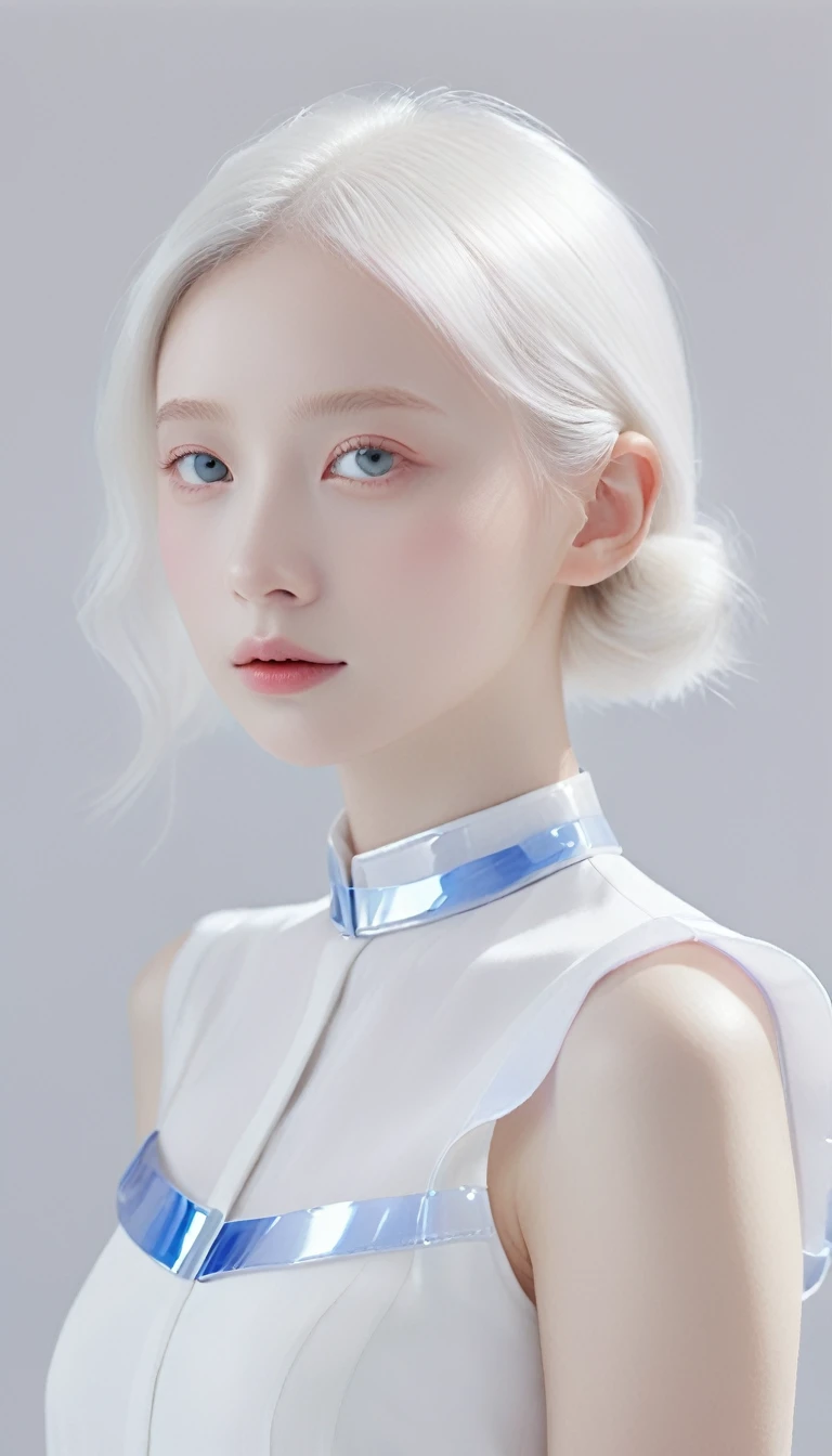 (((White background:1.3)))、(((1 albino girl、Cute face、pretty girl))), ,(((Eyes are white:1.3)))、White Dress、((White shirt:1.3、White color-blocked dress)), Tyndall effect, Practical, Shadow Studio,Ultramarine、illumination, Dual tone illumination, (Attention to skin details: 1.2)、薄Dark illumination、Dark illumination、 photo, high resolution, 4K, 8K, Background blur,Beautiful fade out、White world、White background