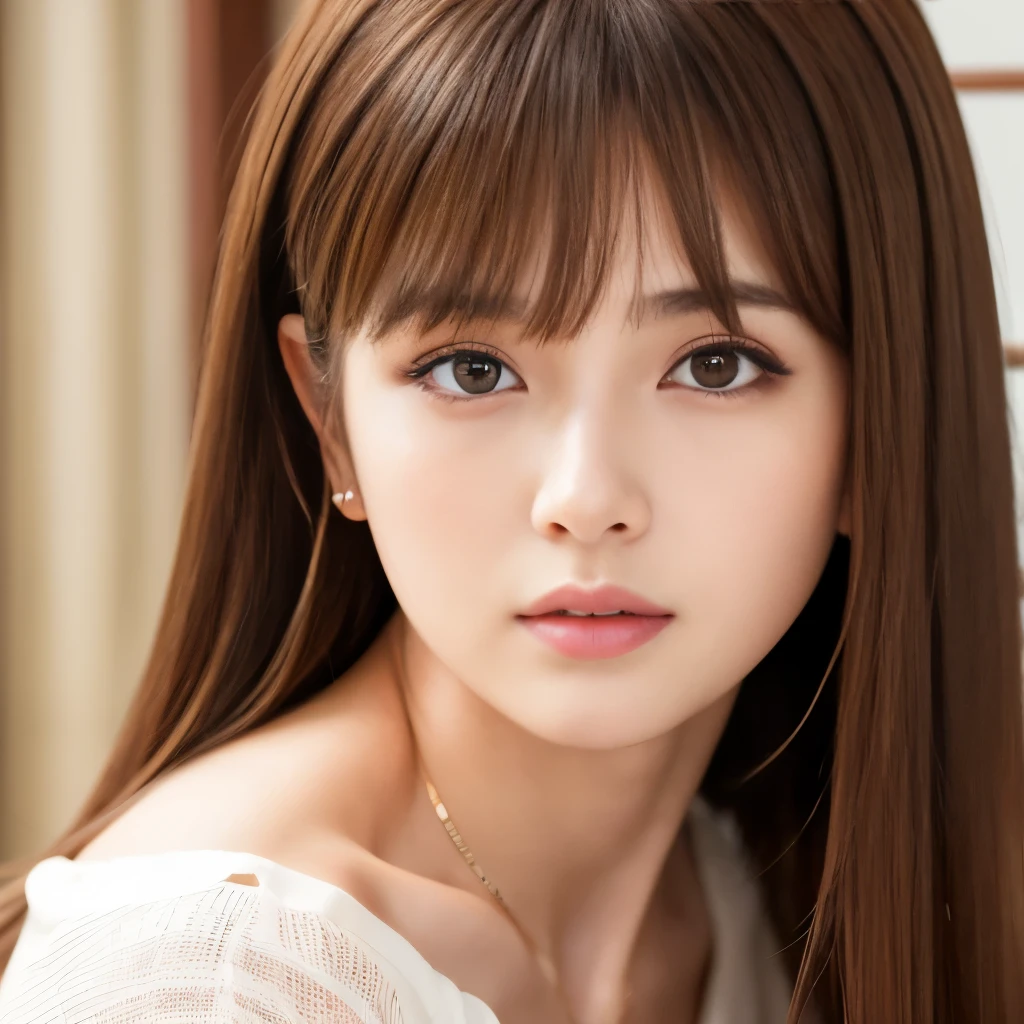 Ultra-high resolution, Superior Quality, Highest quality, Super detailed, Realistic, 8k, RAW Photos, Highest quality, masterpiece, attractive, wonderful, Brown Hair, Shoulder-length layered, Asymmetrical bangs, Japanese Idols, Sophisticated, stylish, blouse,