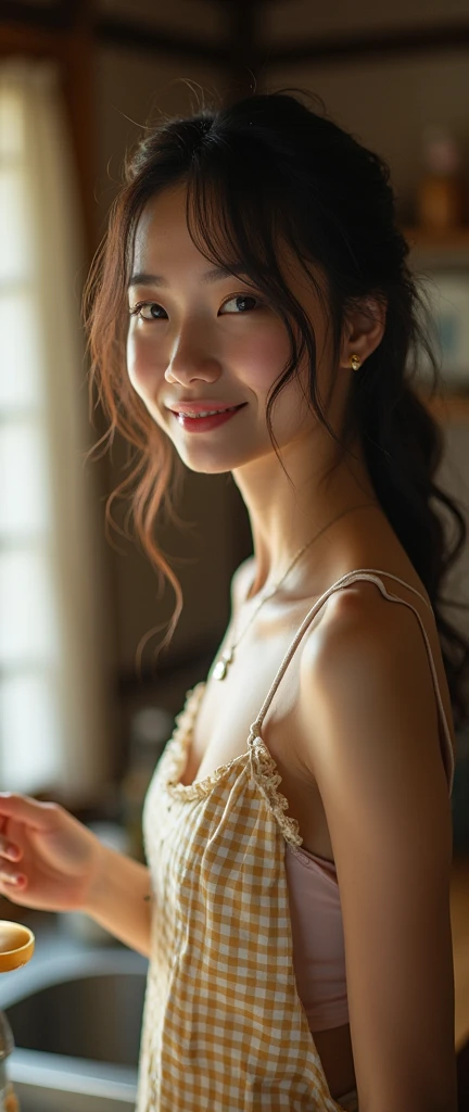 (32K:1.9, Highest quality, masterpiece, Ultra-high resolution, Professional random angle camera work:1.5, Very detailedな肌と顔の質感:1.4), Always accurate, Very detailed, ((27-year-old Japanese wife, Busty on the verge of collapse, A small face with ultimate beauty, Cooking in the kitchen:1.6, The morning light illuminates the hut, Wearing only a gingham apron, naked.:1.7, Incredibly slim body:1.5, areola is not visible)), Fair skin, elegant, sense of cleanliness, Vegetable cutting pose, (Big eyes that exude beautiful eroticism:0.4, A shy smile:1.0, I love you with all my heart:0.8, Please open your mouth a little, lipstick, Feel the beautiful eroticism:0.9), (Wet dark brown messy hair), Earrings, necklace, bracelet, (romantic, artistic, mysterious), Object of admiration, original, dramatic, Innovative, charm, Heartful, Fancy, sense of openness, special, exciting, Extreme, Tilt, sense of loss, joy, joyの表現, (((若さのcharm, 女性的なcharm)))