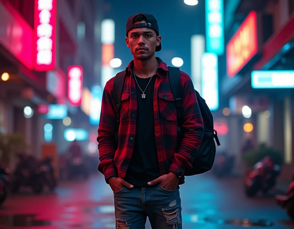 Hyper realistic, a 28 year old Indonesia man walking on the neon cyberpunk street, ideal body, look straight ahead, wearing dark red flannel shirt and dark ripped jeans pants and black hiking hi-shoes with black backward trucker hat, wear dark leather backpack, wear headphone, masculine photoshoot pose, arrogant man expression, romantic, Bandung night town as background. Use soft photography lighting. top lighting. top lighting, slide lighting, high quality photos, UHD, 64k. shot with Canon EOS 5D Mark IV, cinematic portrait, Realistic face, not changing face, no mustache, Real photo, unchanging face, background change. Real Picture 8k ultra, man, gamer, hyper detailed, sharp focus, studio photo, intricate details, highly detailed, photo real, bright colors, digital graphics, unreal engine, blender art, perfect composition, octane rendering, masterpiece, sharp focus, high detail, art station, concept art, perfect composition, a model of ultra-high quality and clarity, perfect play of light and shadow, 32k UHD, hyper-detailing, complex artistic masterpiece, ((best quality)), ((masterpiece)), (detailed), perfect face