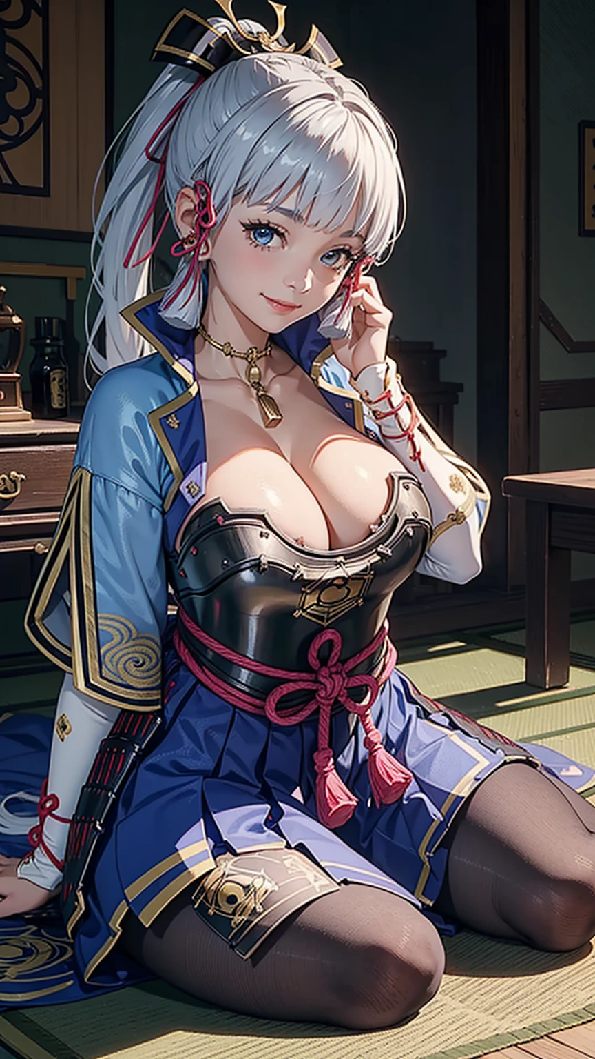 Solo,(kamisatoayakadef),masterpiece,huge breast, indoor, looking at viewer, detail eyes, detail face, (sitting), smile,(detailed face), dynamic view, full body