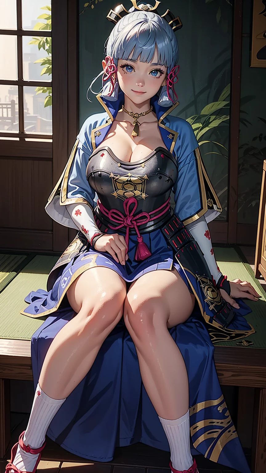 Solo,(kamisatoayakadef),masterpiece,huge breast, indoor, looking at viewer, detail eyes, detail face, (sitting), smile,(detailed face), dynamic view, full body