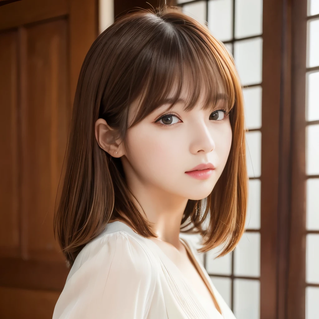 Ultra-high resolution, Superior Quality, Highest quality, Super detailed, Realistic, 8k, RAW Photos, Highest quality, masterpiece, attractive, wonderful, Brown Hair, Shoulder-length layered, Asymmetrical bangs, Japanese Idols, Sophisticated, stylish, blouse,