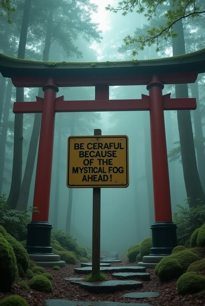 Typography sign standing at the entrance of the forest、((("Be careful because of the mystical fog ahead.！"Typography sign that reads)))、Sign at the entrance of a deep forest、"Misty Forest"、Mysterious Forest、Typography sign that reads "Forest where gods dwell"、"Mountain where Japanese gods dwell"、Big red torii gate、