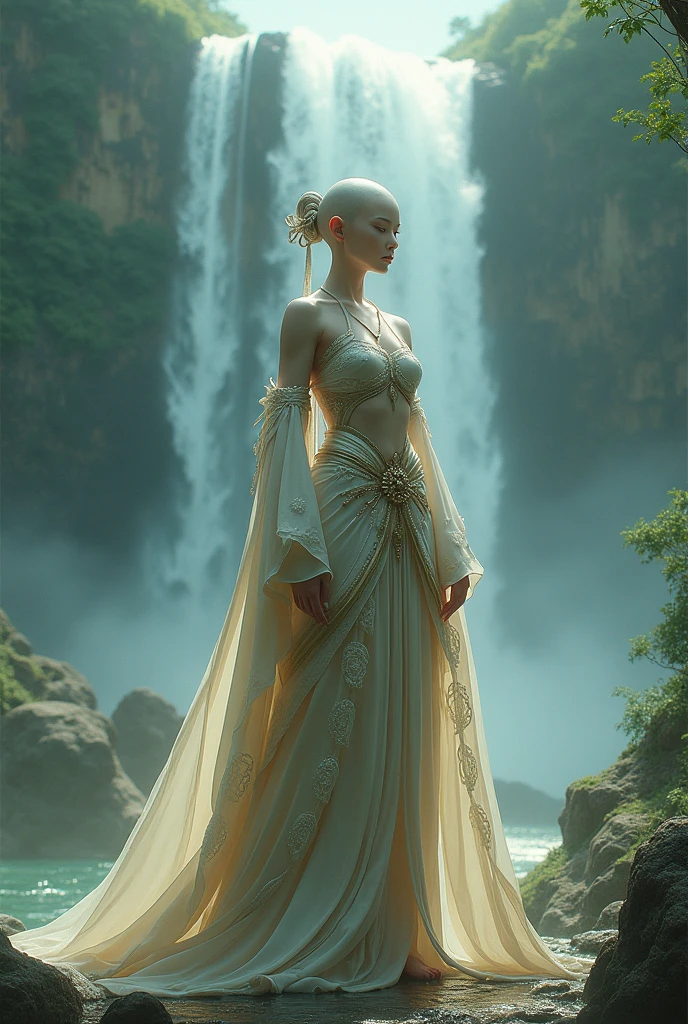 araffes in a bikini posing in front of a waterfall, japanese goddess, asian nymph bald goddess, chinese empress, gorgeous chinese model, a beautiful fantasy empress, yoko matsugane as mai shiranui, gorgeous female jade tailor, giant stunning goddess shot, oriental fantasy, next to a waterfall, beautiful goddess, inspired by Li Tang