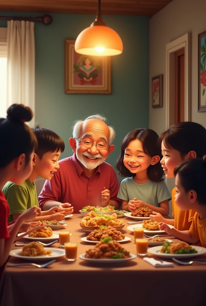 Filipino family gathering. The whole family sitting at the dining table sharing stories and smiling. All having a good time. Make it realistic. Have the grandparents there as well. 