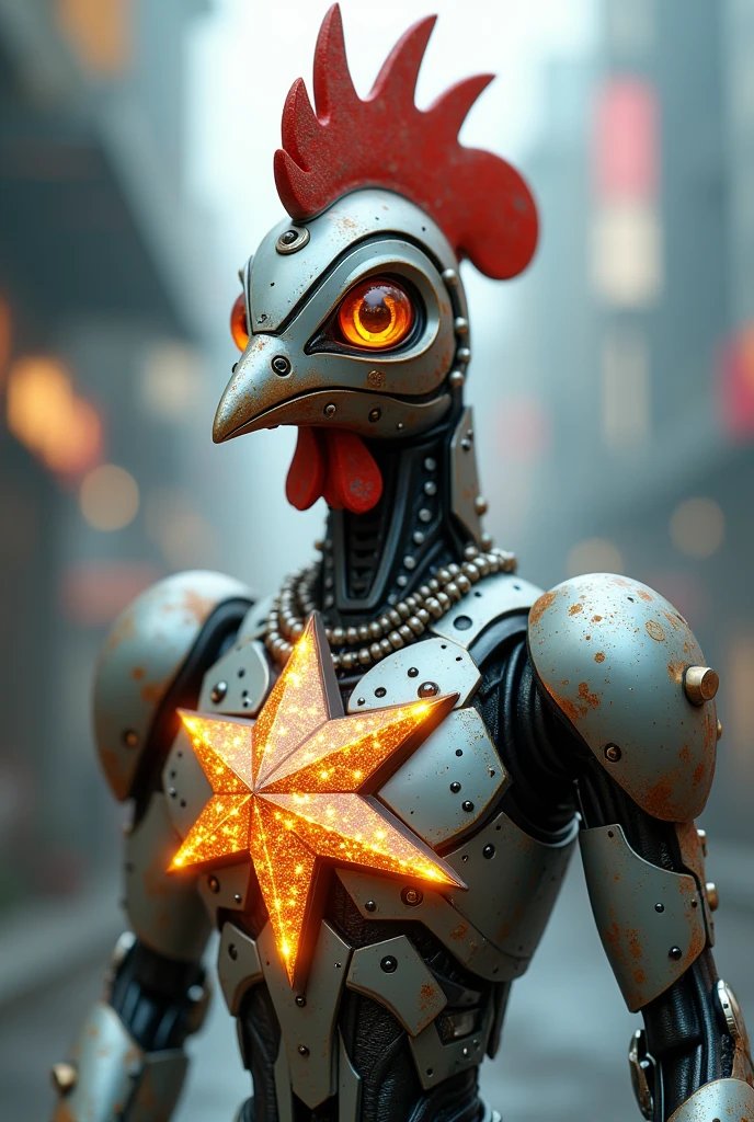 Chicken robot wearing a star necklace