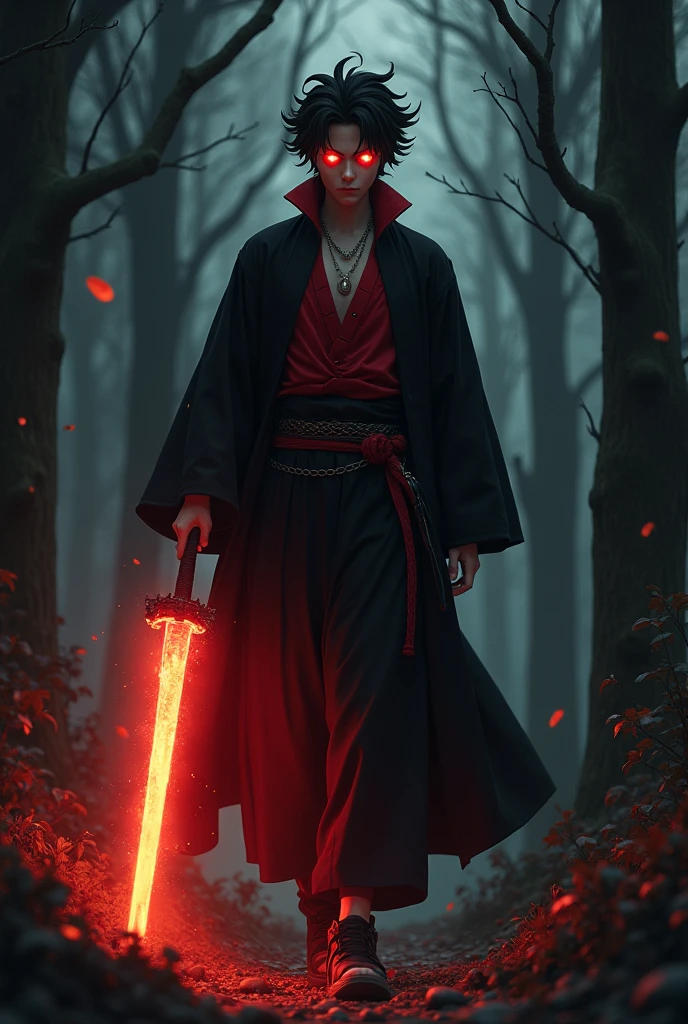 I want you to draw the rapper Canserbero, dressed in an Akatsuki robe from the anime Naruto. I want his face to be seen and he has the Mangekyo sharingan in his eyes, (the Sharingan is from the anime Naruto). for the background I want a dark forest, so that the red eyes of the sharingan stand out more . I want him to be seen walking holding Tanjiro's katana from the anime Demon Slayer, and the sword is on fire.
I don't want him to wear chains around his neck..
I want him to wear a black tunic with red inside