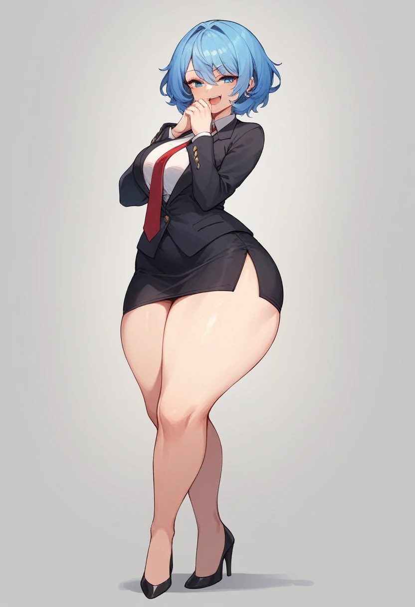 adult woman, solo, long straight royal blue hair, hair bangs, standing, black blazer, white shirt, red tie, black pencil skirt, busty, thick thighs, wide hips, big soft thighs, shapely legs, black high heels, full body shown, white background,simple eyes, long fingernails, thick thighs pressed together, smug face, smug, smirk, teasing, blue eyes, entire body shown, hand covering mouth , half-lidded eyes, open mouth