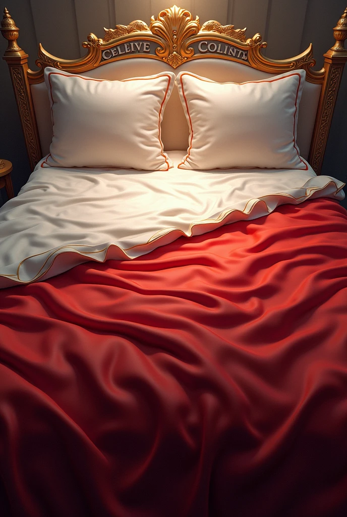 A bed with a white sheet and a red one on top with white pillows with black borders, that bed that is in heaven and that has a title that says beds of a GOD with letters a little big and that shine 