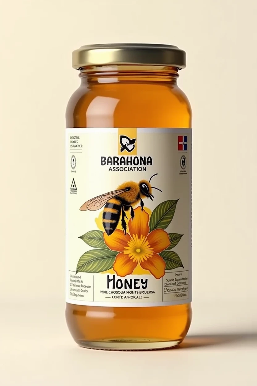 Generate me a modern image of a honey label that says Barahona association, put honey and there will be a bee ,that has a small Dominican flag and a bayahive flower